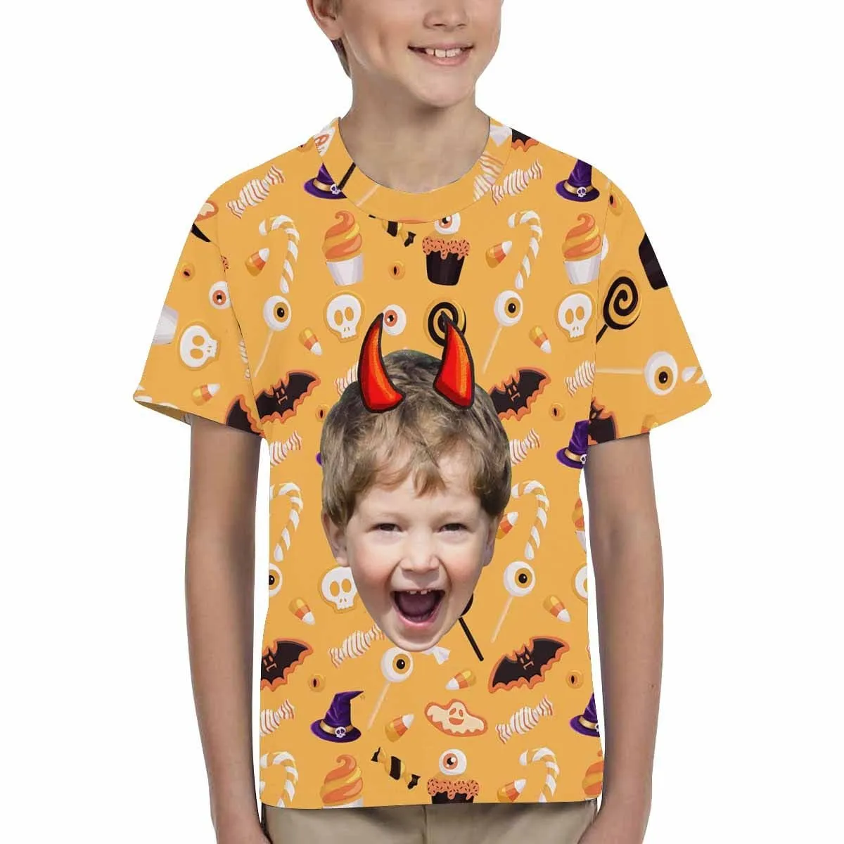 #6-15Y Custom Face Ghost Bat Halloween Kid's All Over Print T-shirt