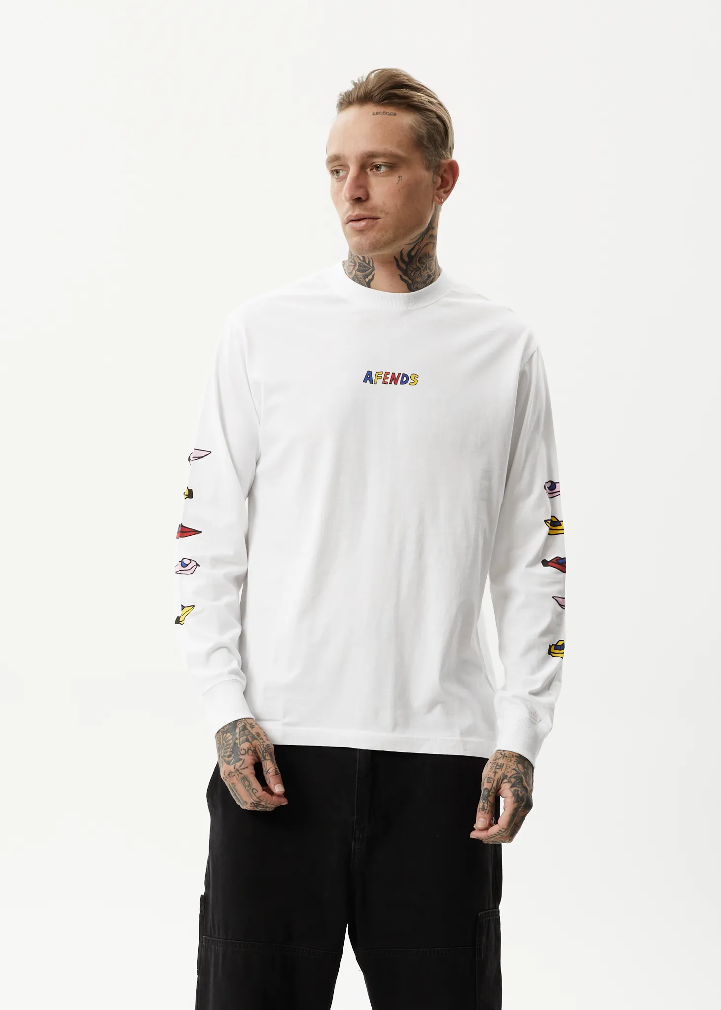 AFENDS Mens Wahzoo - Long Sleeve Graphic T-Shirt - White