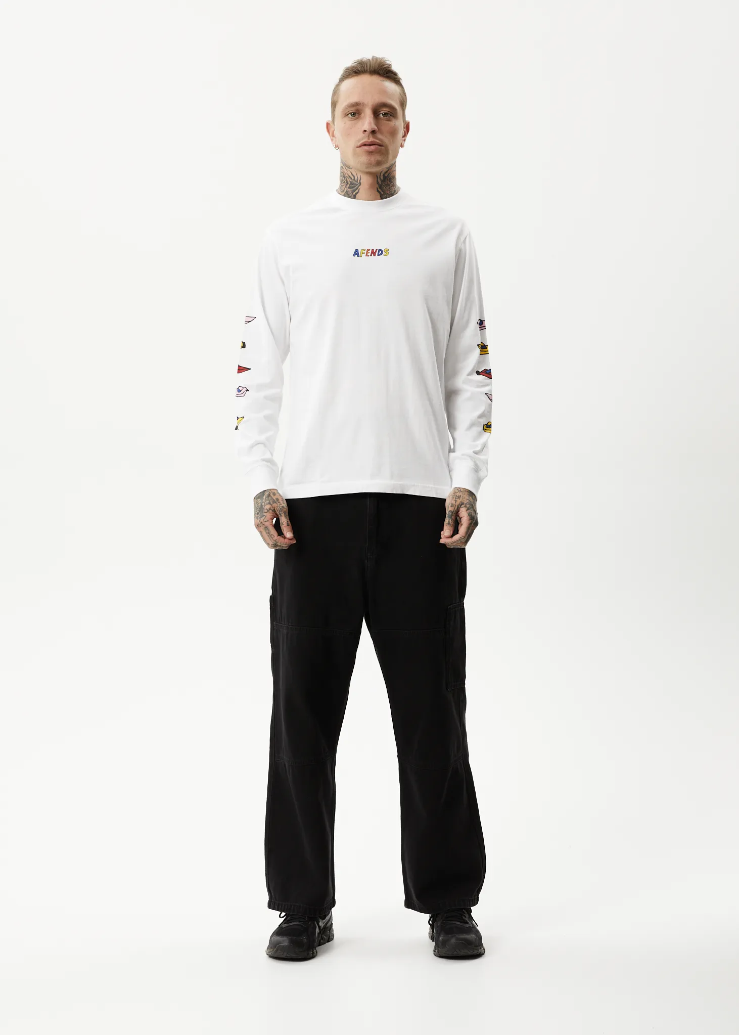 AFENDS Mens Wahzoo - Long Sleeve Graphic T-Shirt - White