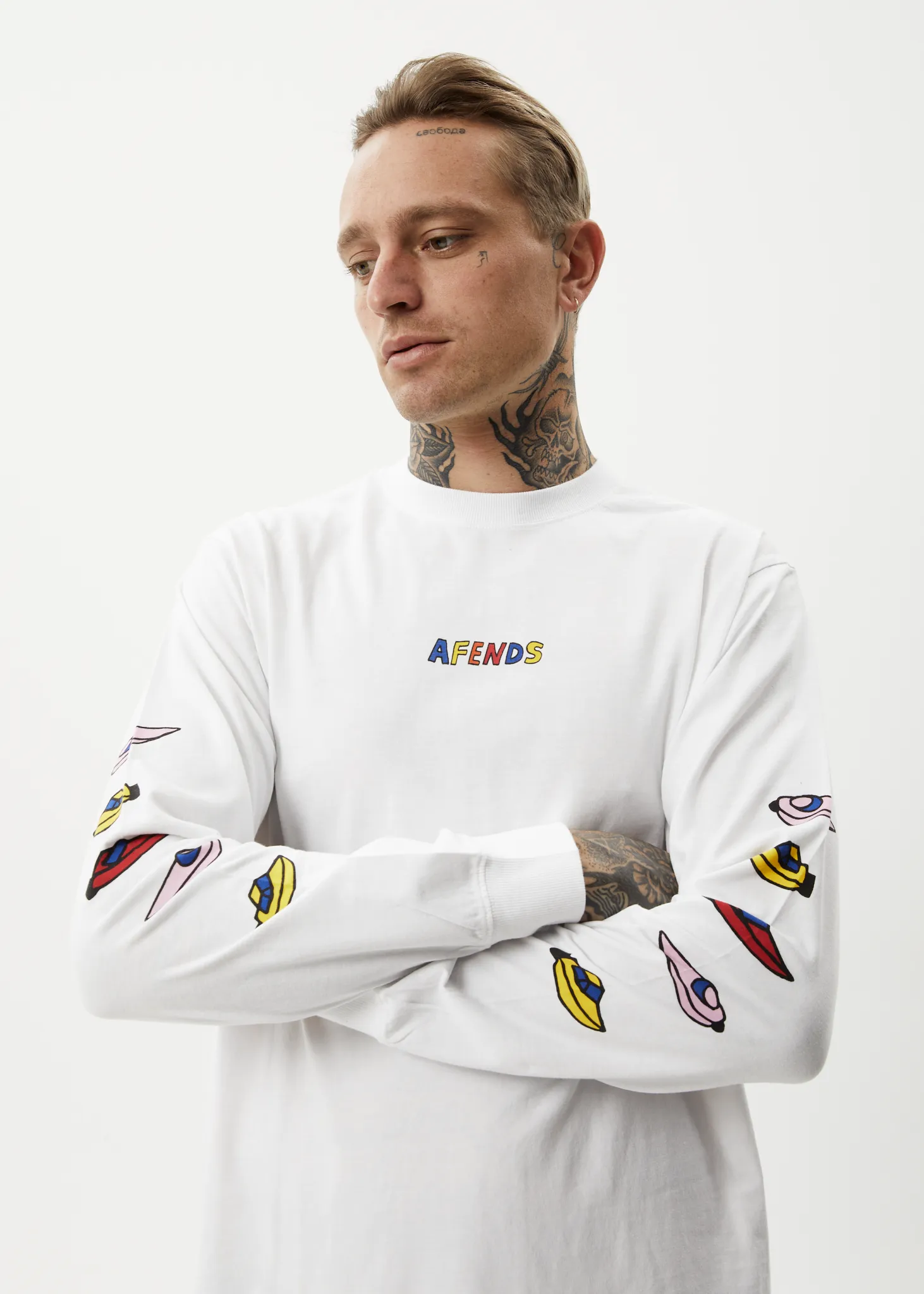AFENDS Mens Wahzoo - Long Sleeve Graphic T-Shirt - White