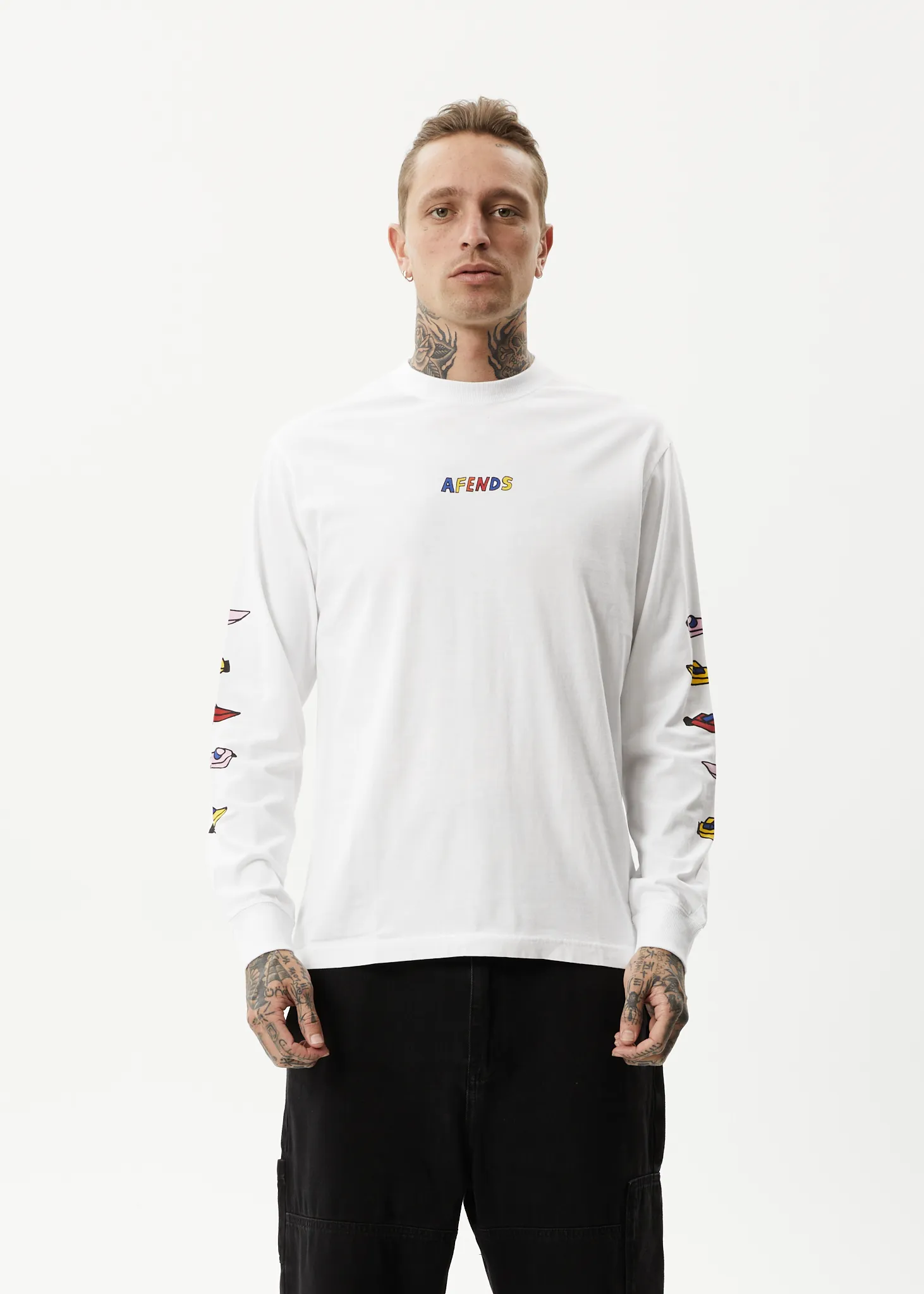 AFENDS Mens Wahzoo - Long Sleeve Graphic T-Shirt - White