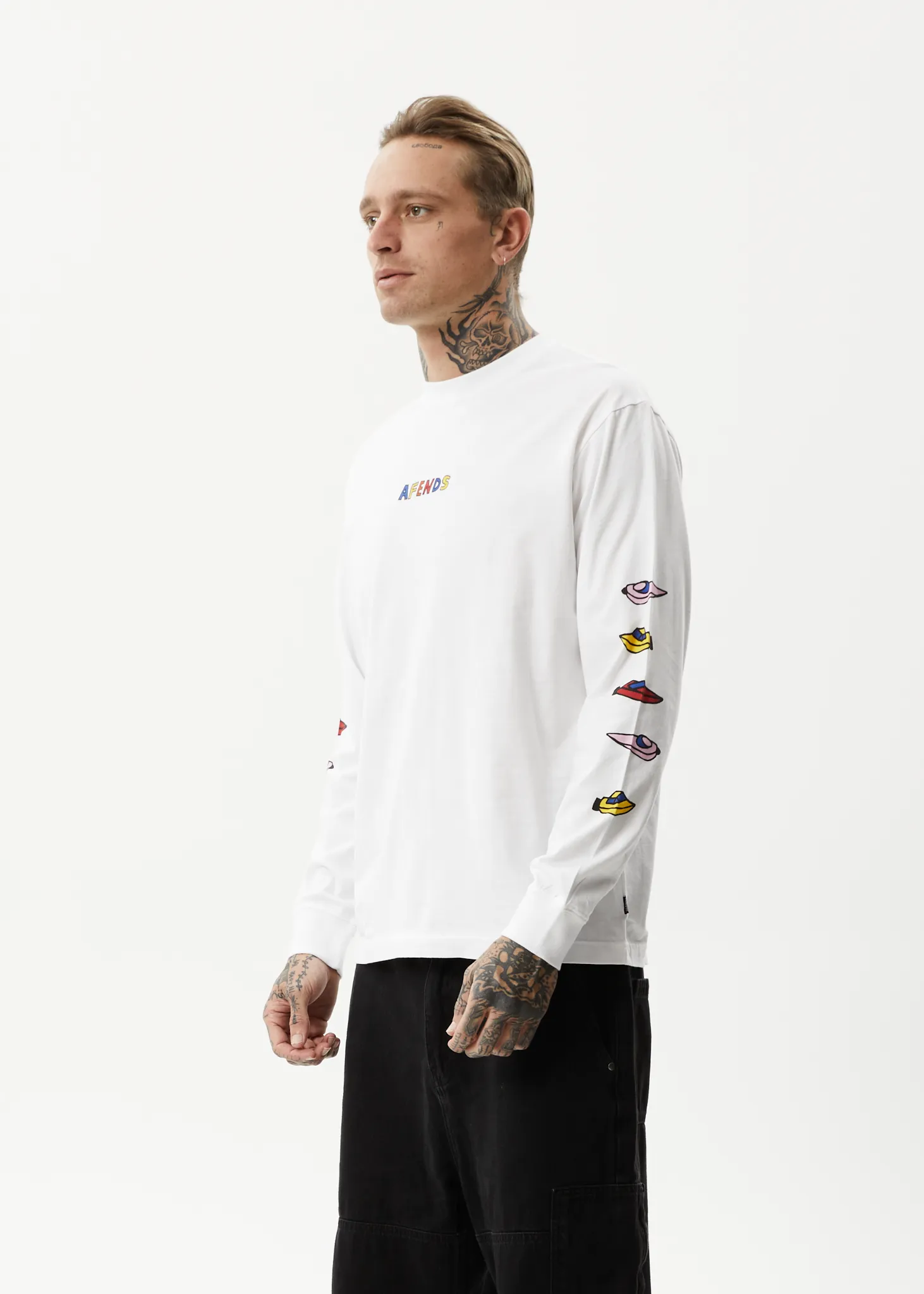 AFENDS Mens Wahzoo - Long Sleeve Graphic T-Shirt - White