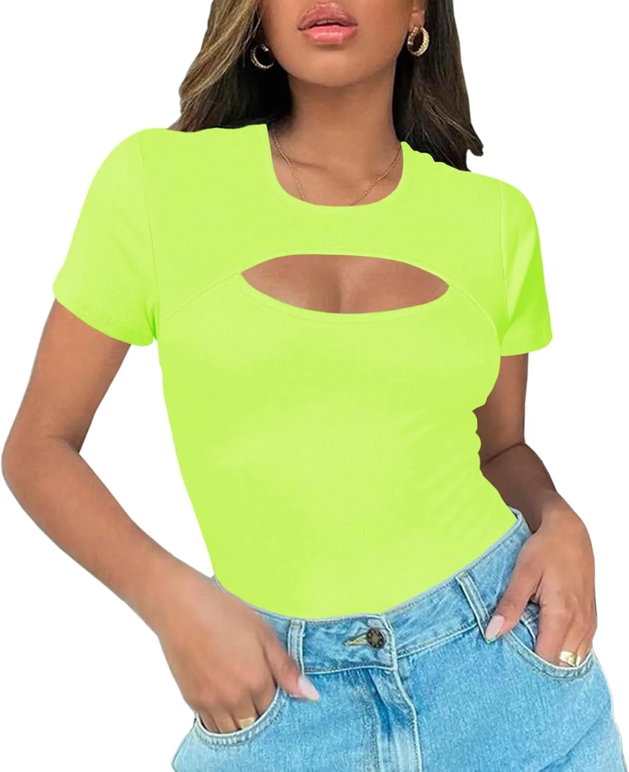Afibi Womens Cutout Front Tops Short Sleeves Ribbed Sexy Fitted T-Shirts