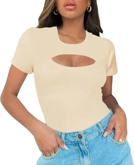 Afibi Womens Cutout Front Tops Short Sleeves Ribbed Sexy Fitted T-Shirts