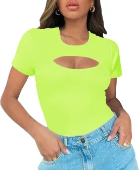 Afibi Womens Cutout Front Tops Short Sleeves Ribbed Sexy Fitted T-Shirts