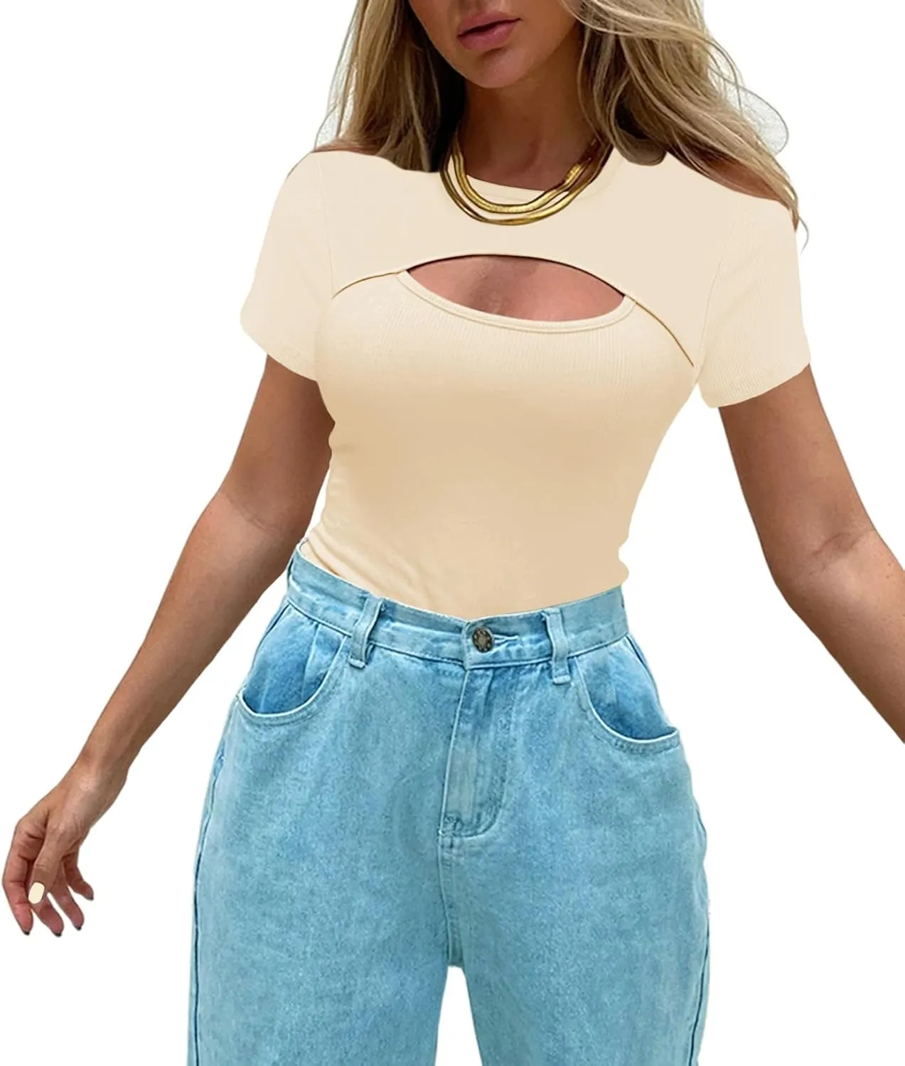 Afibi Womens Cutout Front Tops Short Sleeves Ribbed Sexy Fitted T-Shirts