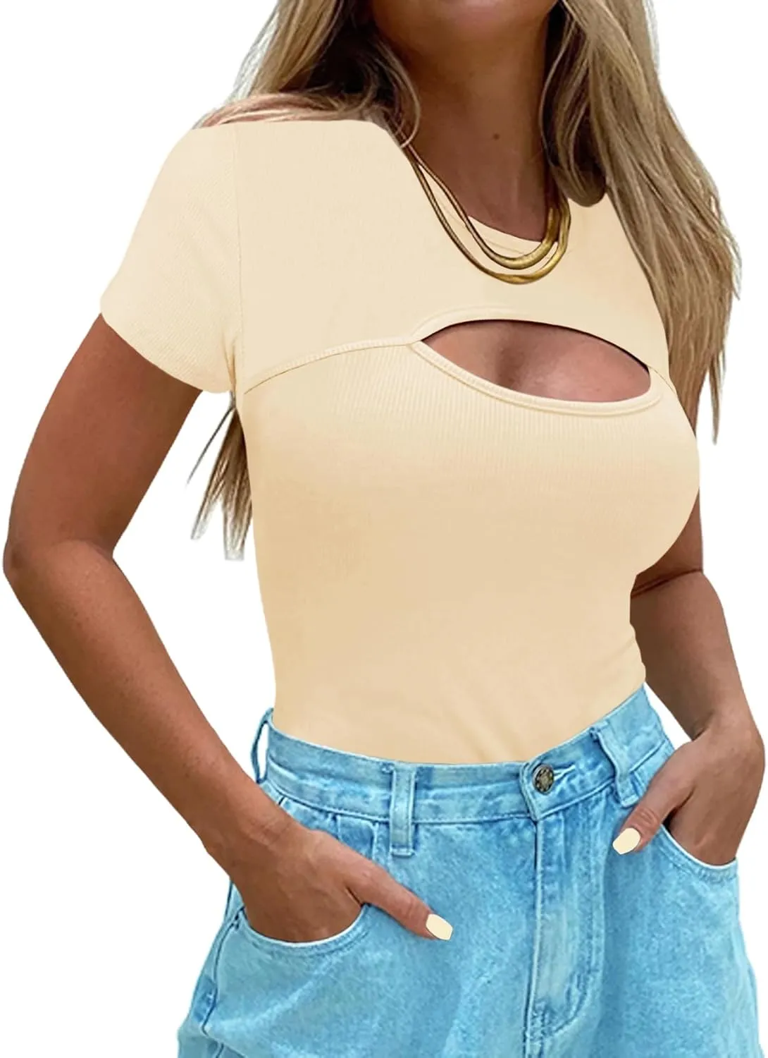 Afibi Womens Cutout Front Tops Short Sleeves Ribbed Sexy Fitted T-Shirts