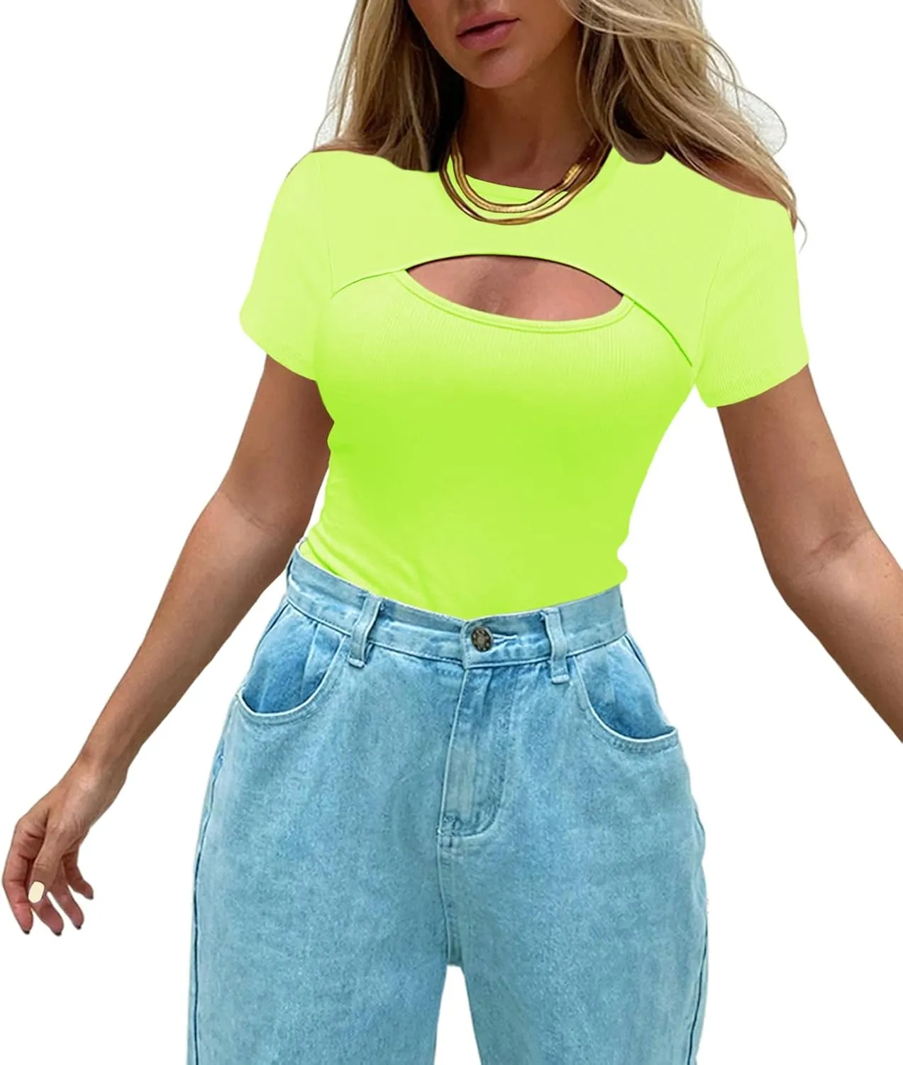 Afibi Womens Cutout Front Tops Short Sleeves Ribbed Sexy Fitted T-Shirts