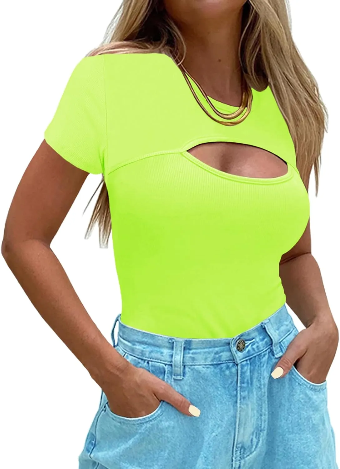 Afibi Womens Cutout Front Tops Short Sleeves Ribbed Sexy Fitted T-Shirts