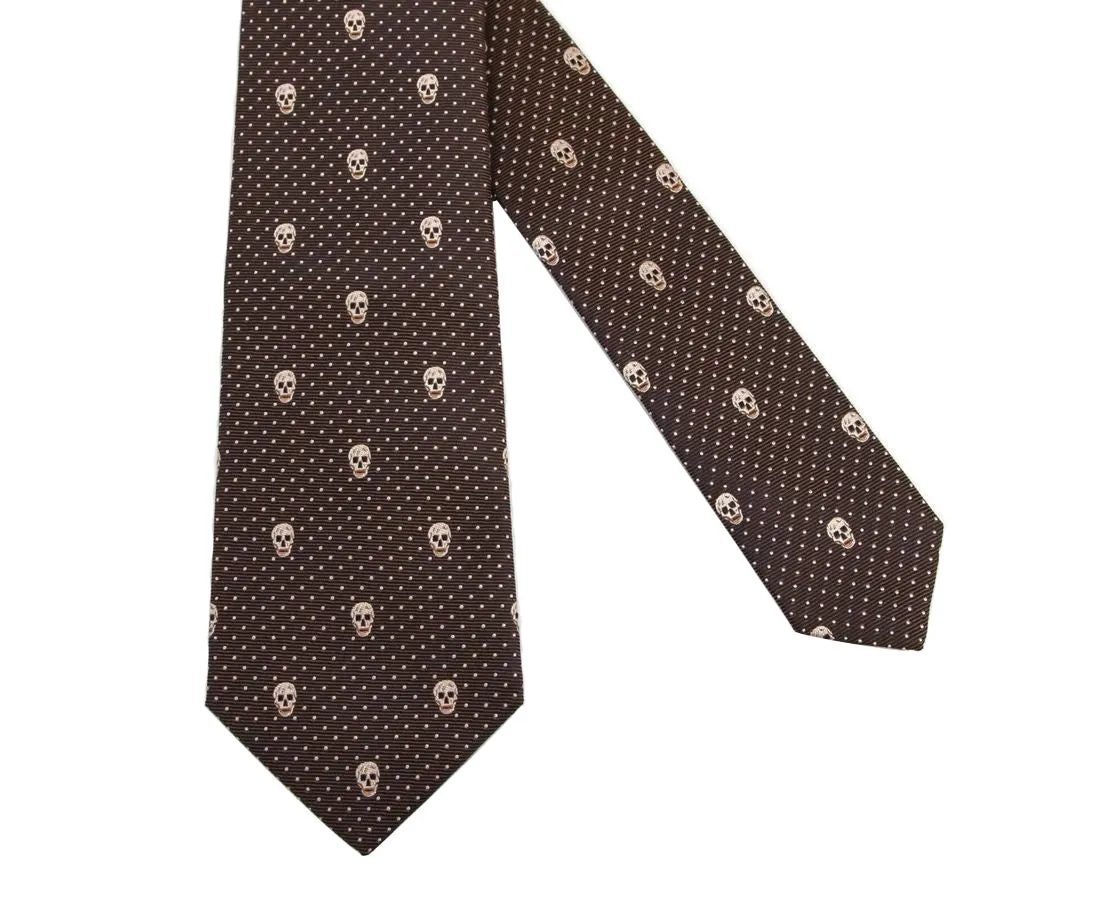 Alexander McQueen Men's Brown / Ivory Skull Polka Dot Silk Tie