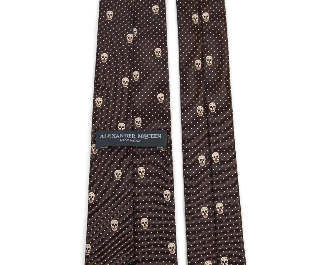 Alexander McQueen Men's Brown / Ivory Skull Polka Dot Silk Tie