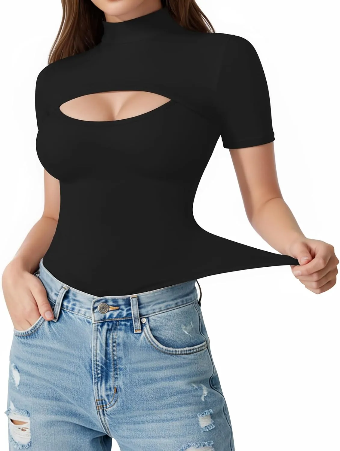 ALGALAROUND Short Long Sleeve Shirts for Women Basic Mock Turtle Neck Cut Out Tops Going Out T-Shirt Tee