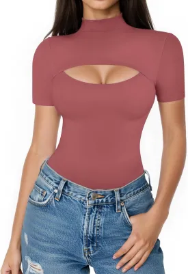 ALGALAROUND Short Long Sleeve Shirts for Women Basic Mock Turtle Neck Cut Out Tops Going Out T-Shirt Tee
