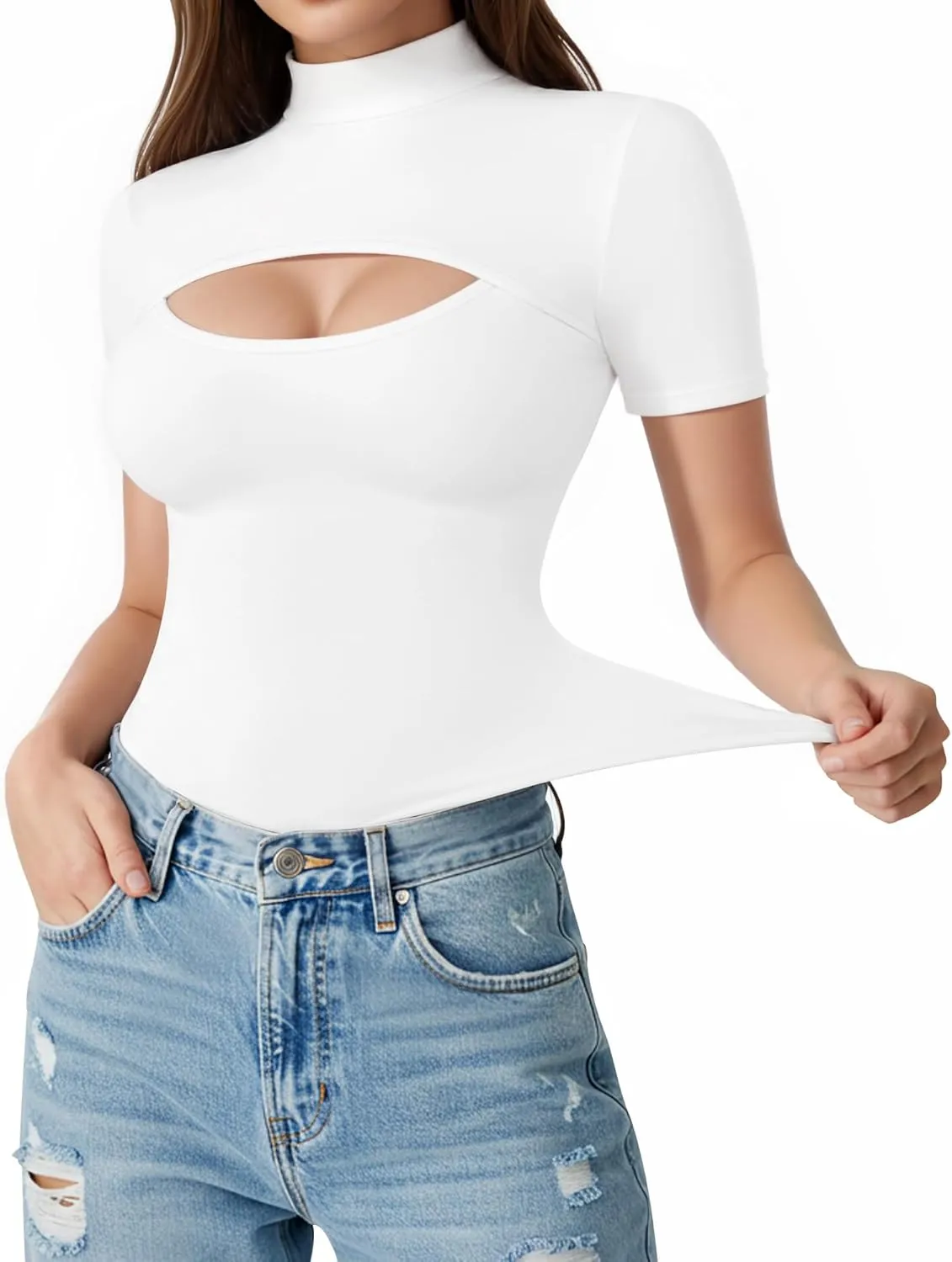 ALGALAROUND Short Long Sleeve Shirts for Women Basic Mock Turtle Neck Cut Out Tops Going Out T-Shirt Tee