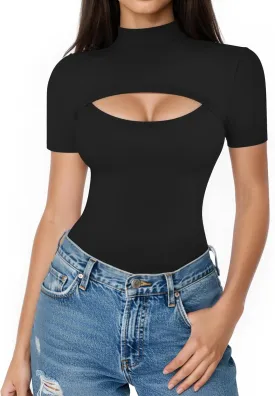ALGALAROUND Short Long Sleeve Shirts for Women Basic Mock Turtle Neck Cut Out Tops Going Out T-Shirt Tee