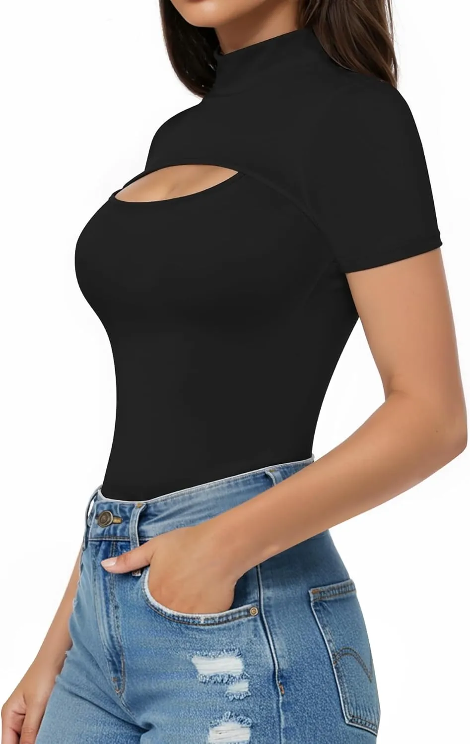ALGALAROUND Short Long Sleeve Shirts for Women Basic Mock Turtle Neck Cut Out Tops Going Out T-Shirt Tee