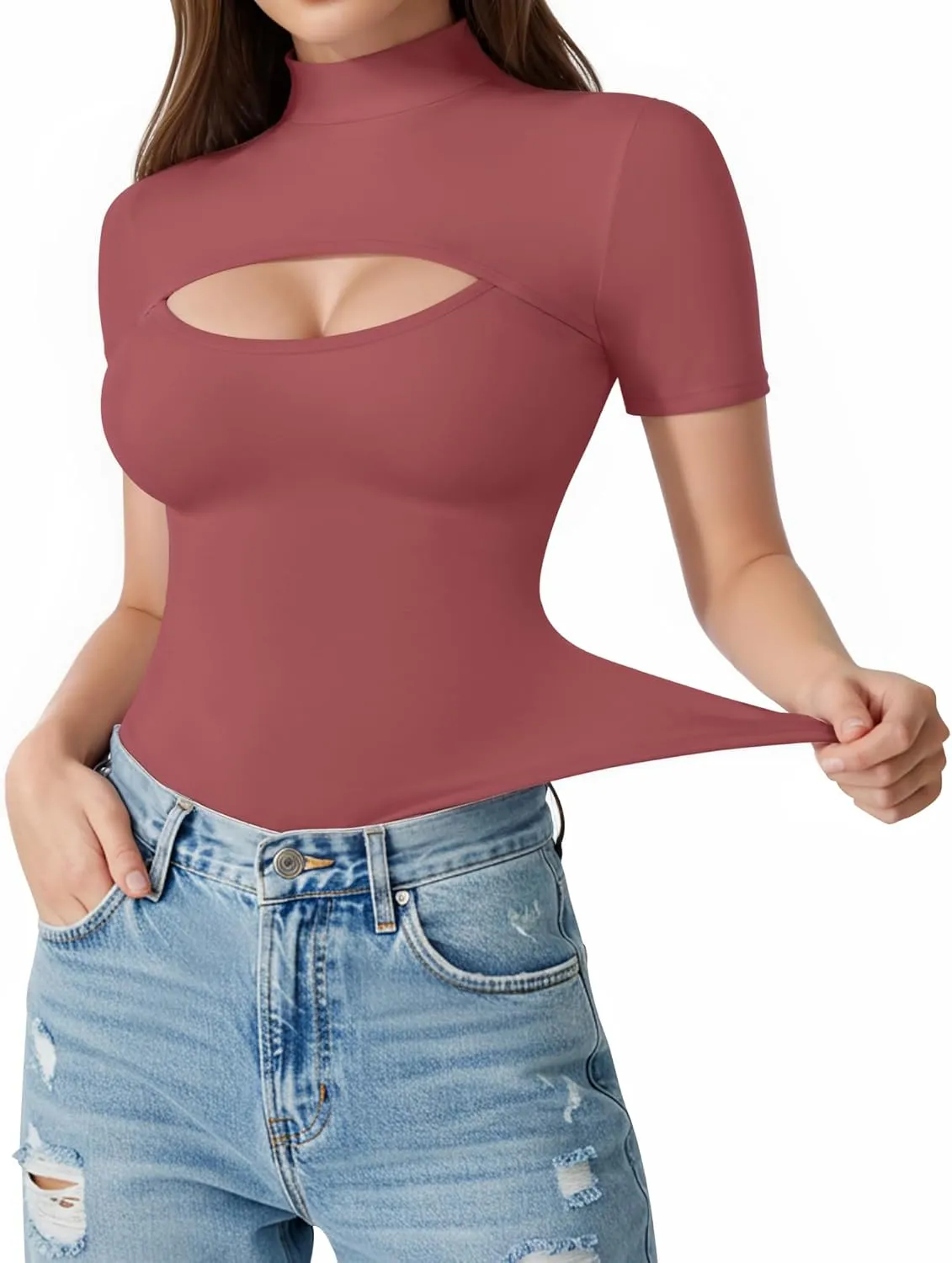 ALGALAROUND Short Long Sleeve Shirts for Women Basic Mock Turtle Neck Cut Out Tops Going Out T-Shirt Tee