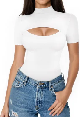 ALGALAROUND Short Long Sleeve Shirts for Women Basic Mock Turtle Neck Cut Out Tops Going Out T-Shirt Tee