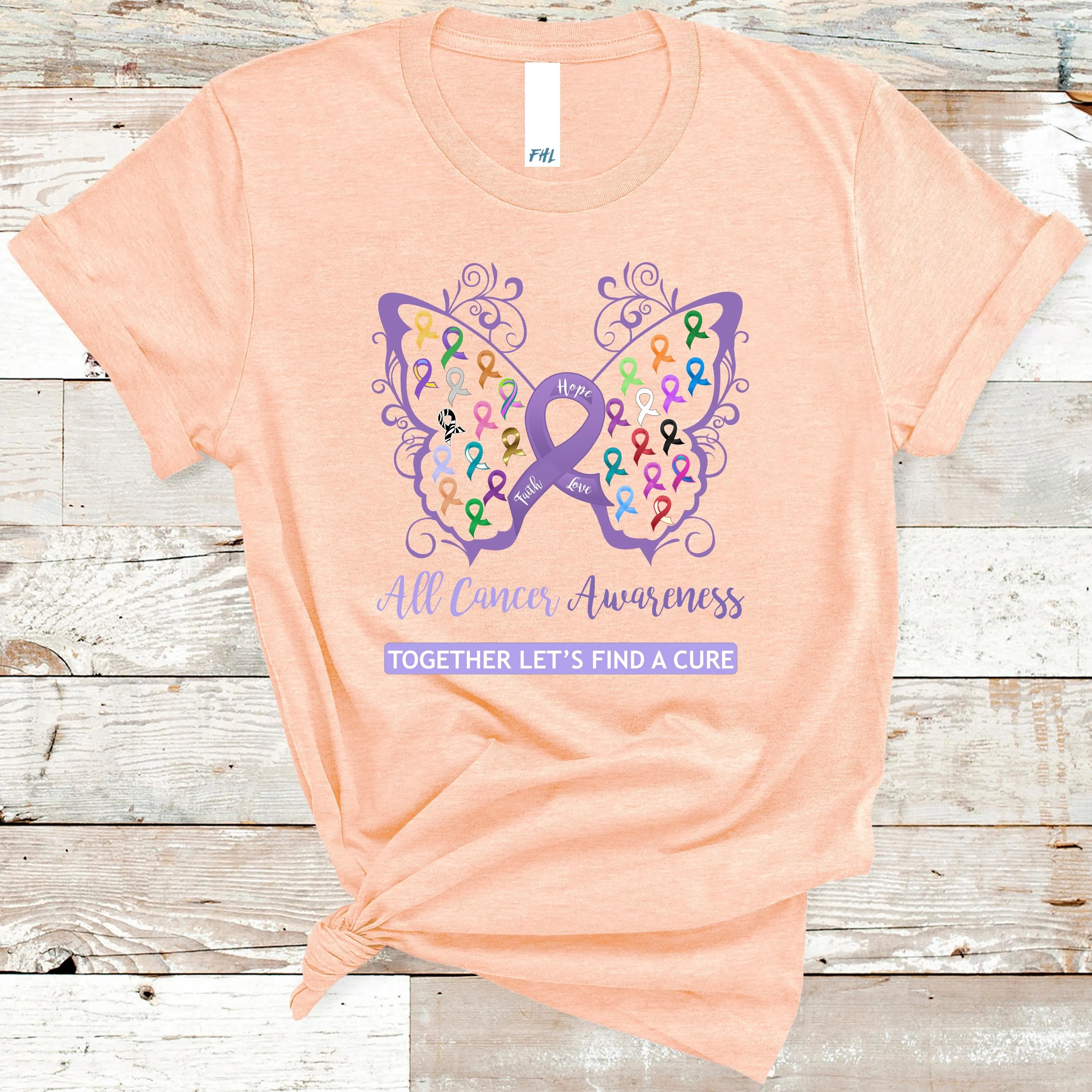 All Cancer Awareness Filigree Butterfly Heather Prism Peach T-Shirt