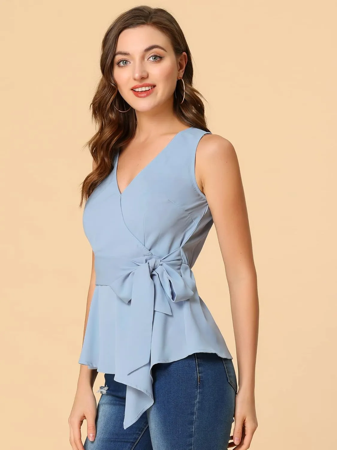 Allegra K Women's 2024 Spring Tops Sleeveless V Neckline Wrap Elegant Tie Waist Top