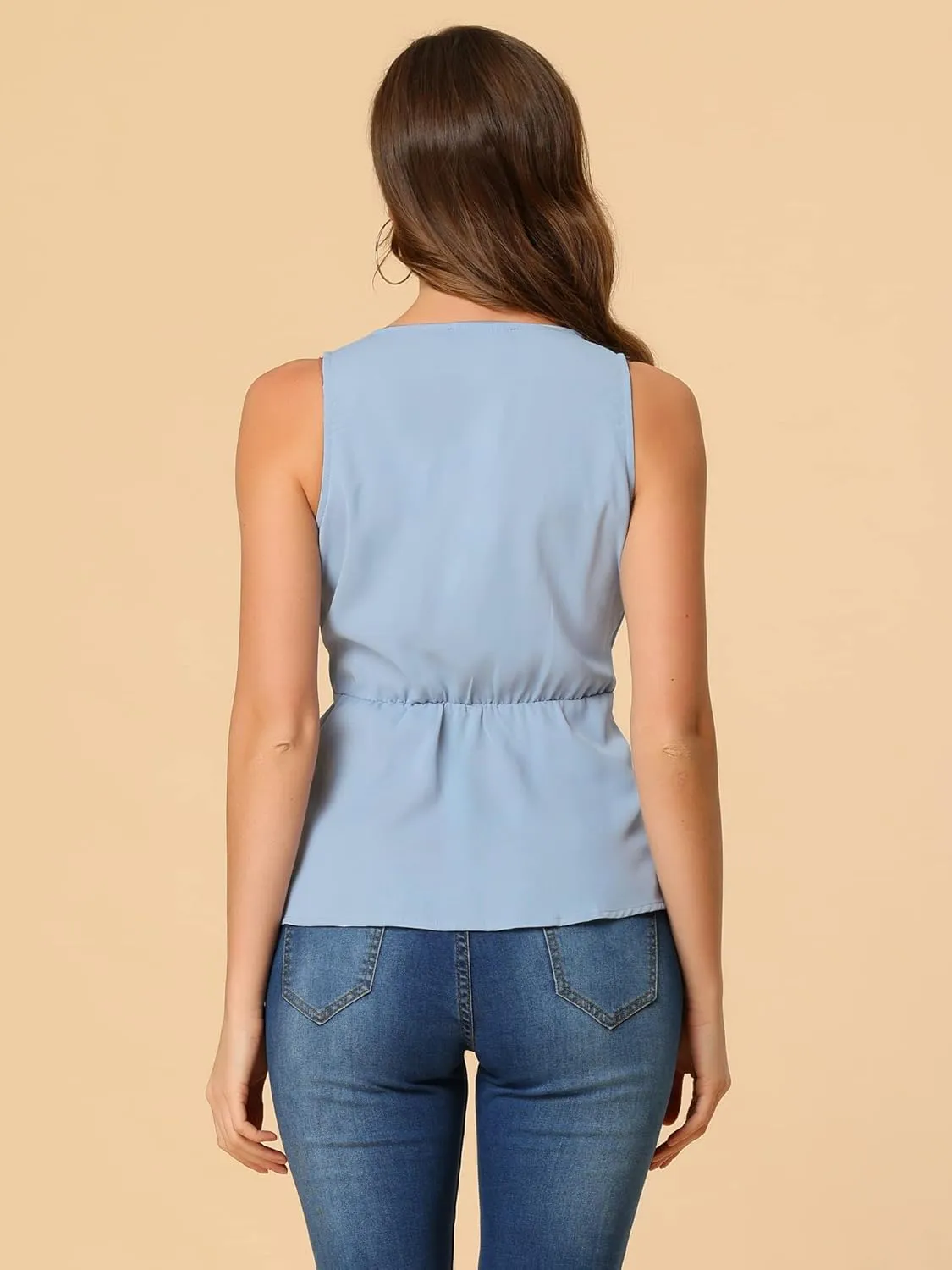 Allegra K Women's 2024 Spring Tops Sleeveless V Neckline Wrap Elegant Tie Waist Top