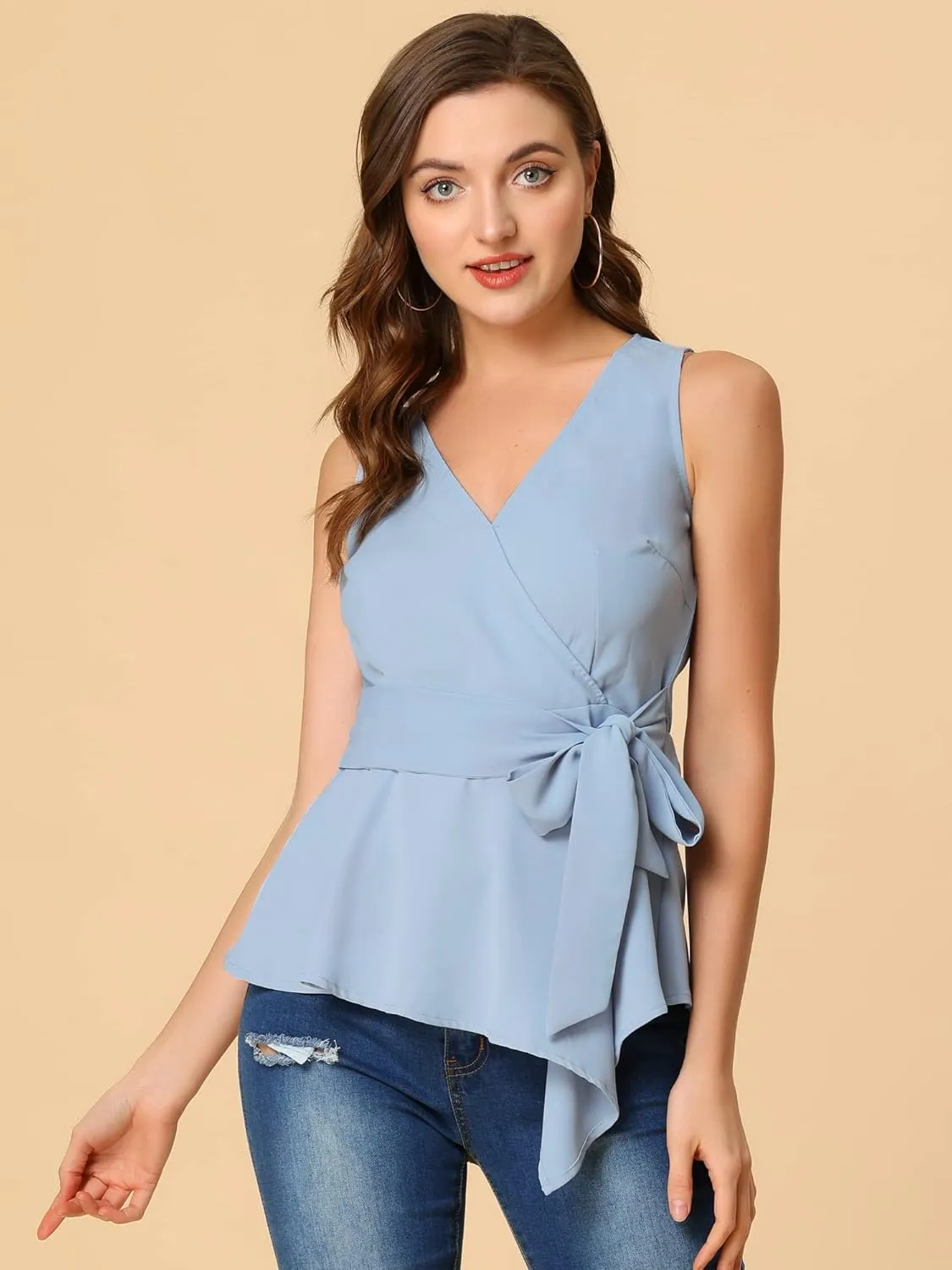 Allegra K Women's 2024 Spring Tops Sleeveless V Neckline Wrap Elegant Tie Waist Top
