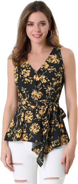 Allegra K Women's Sleeveless V Neck Tie Waist Asymmetric Hem Wrap Peplum Top