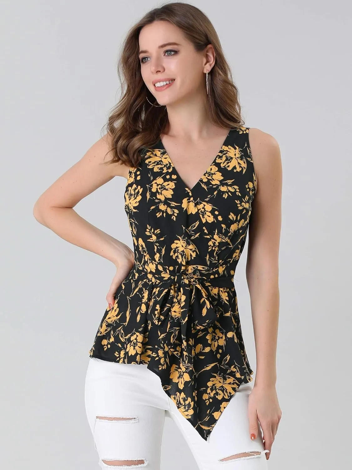 Allegra K Women's Sleeveless V Neck Tie Waist Asymmetric Hem Wrap Peplum Top