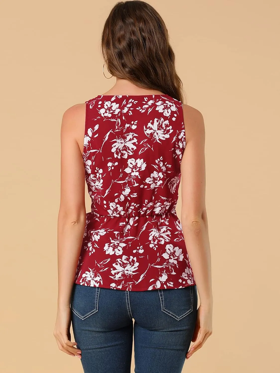 Allegra K Women's Sleeveless V Neck Tie Waist Asymmetric Hem Wrap Peplum Top