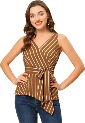 Allegra K Women's Sleeveless V Neck Tie Waist Asymmetric Hem Wrap Peplum Top