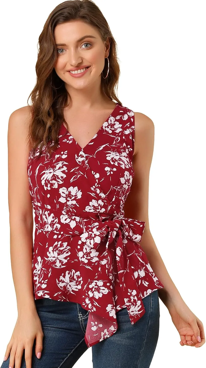 Allegra K Women's Sleeveless V Neck Tie Waist Asymmetric Hem Wrap Peplum Top
