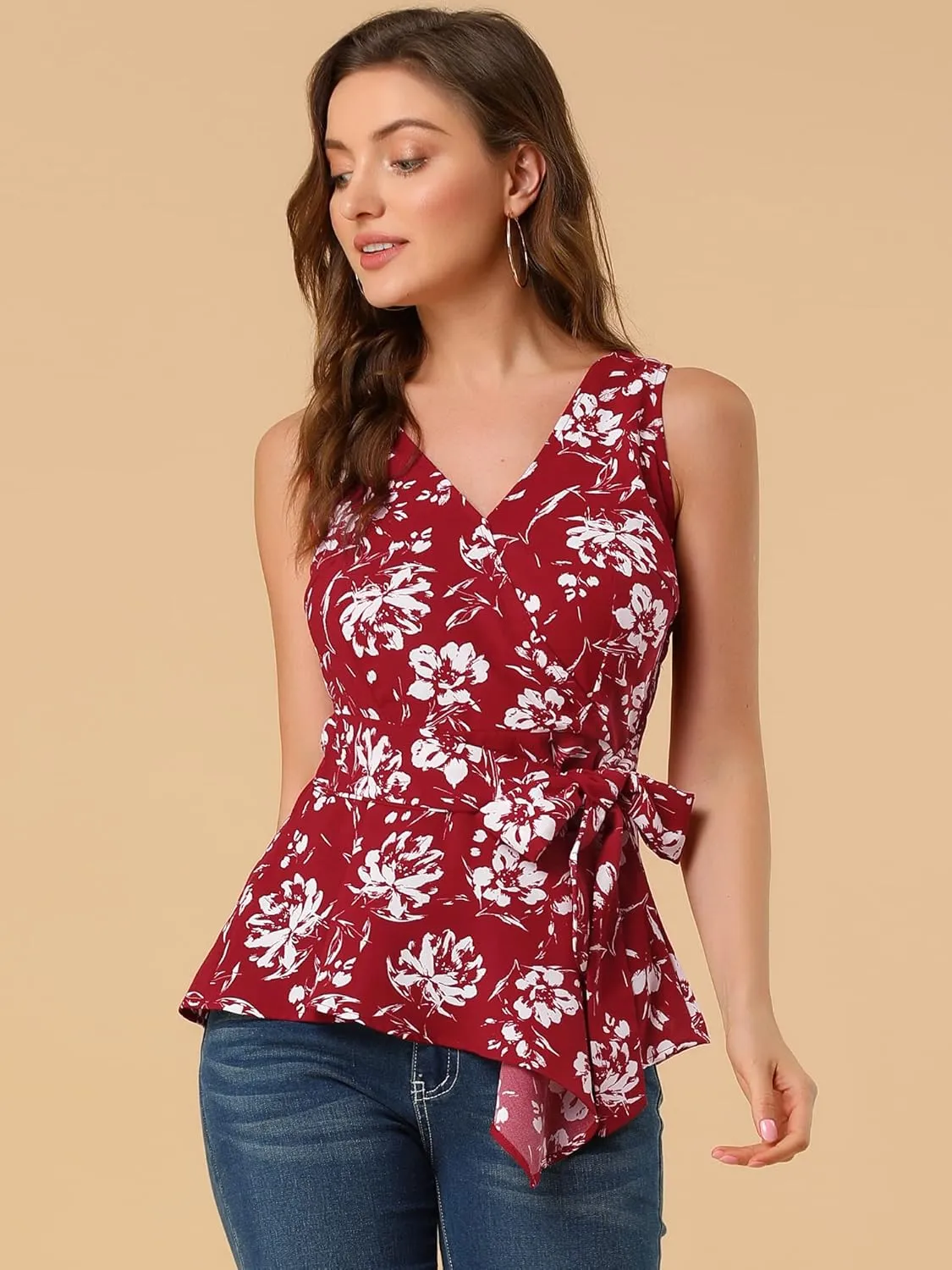 Allegra K Women's Sleeveless V Neck Tie Waist Asymmetric Hem Wrap Peplum Top