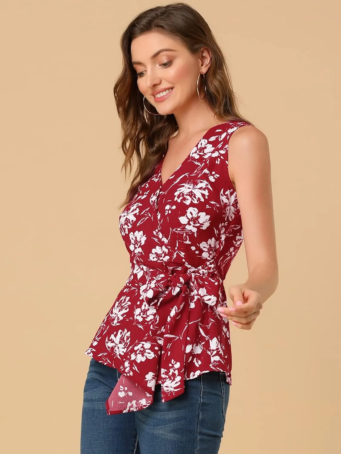 Allegra K Women's Sleeveless V Neck Tie Waist Asymmetric Hem Wrap Peplum Top
