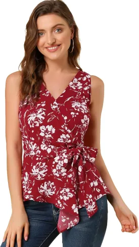 Allegra K Women's Sleeveless V Neck Tie Waist Asymmetric Hem Wrap Peplum Top
