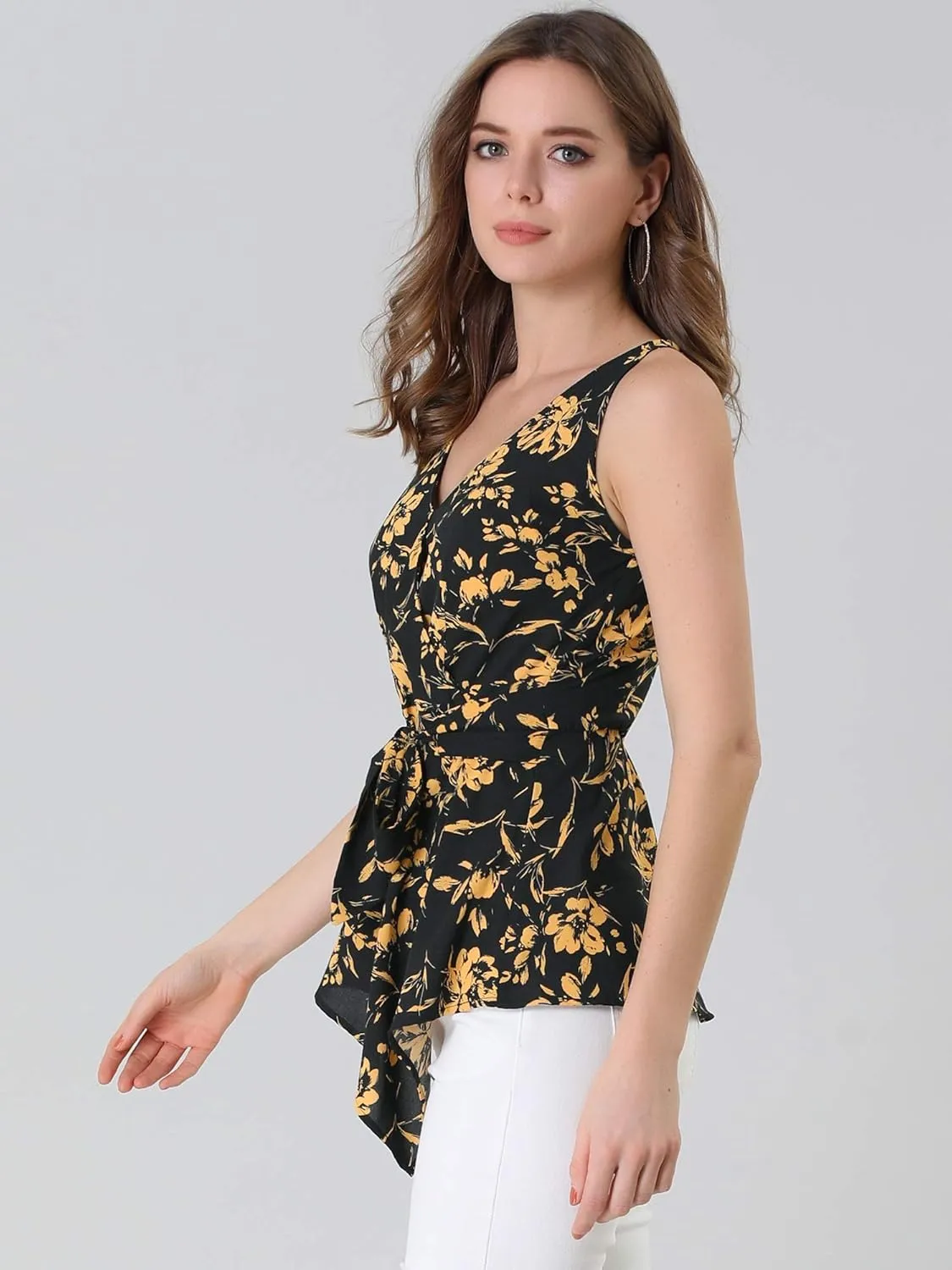 Allegra K Women's Sleeveless V Neck Tie Waist Asymmetric Hem Wrap Peplum Top