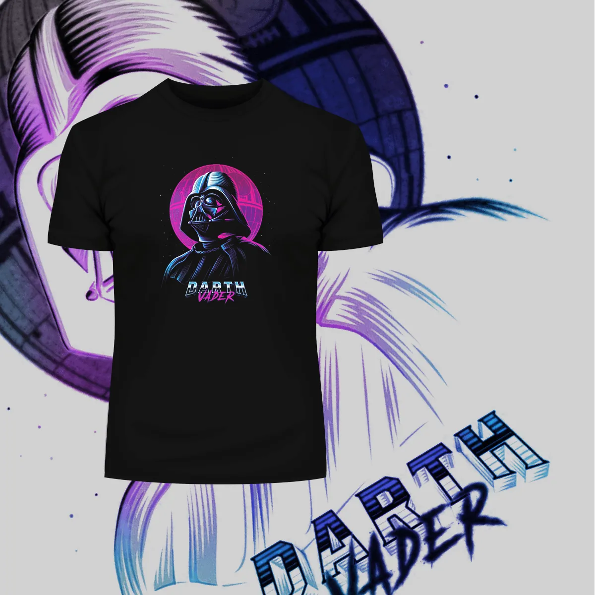 Amazing Darth Vader and a Death Star Movie Crew Neck Neon Punk Retro Black t shirt