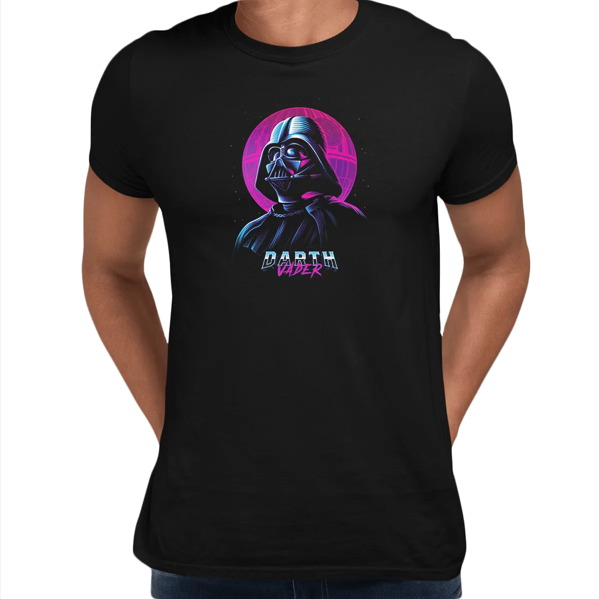 Amazing Darth Vader and a Death Star Movie Crew Neck Neon Punk Retro Black t shirt