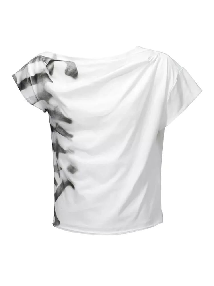 Asymmetric pleated strapless slash neck short sleeve T-shirt【s0000006684】