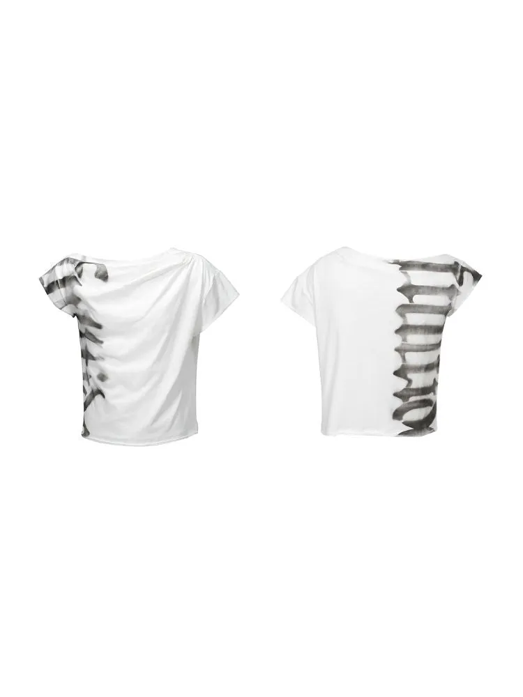 Asymmetric pleated strapless slash neck short sleeve T-shirt【s0000006684】