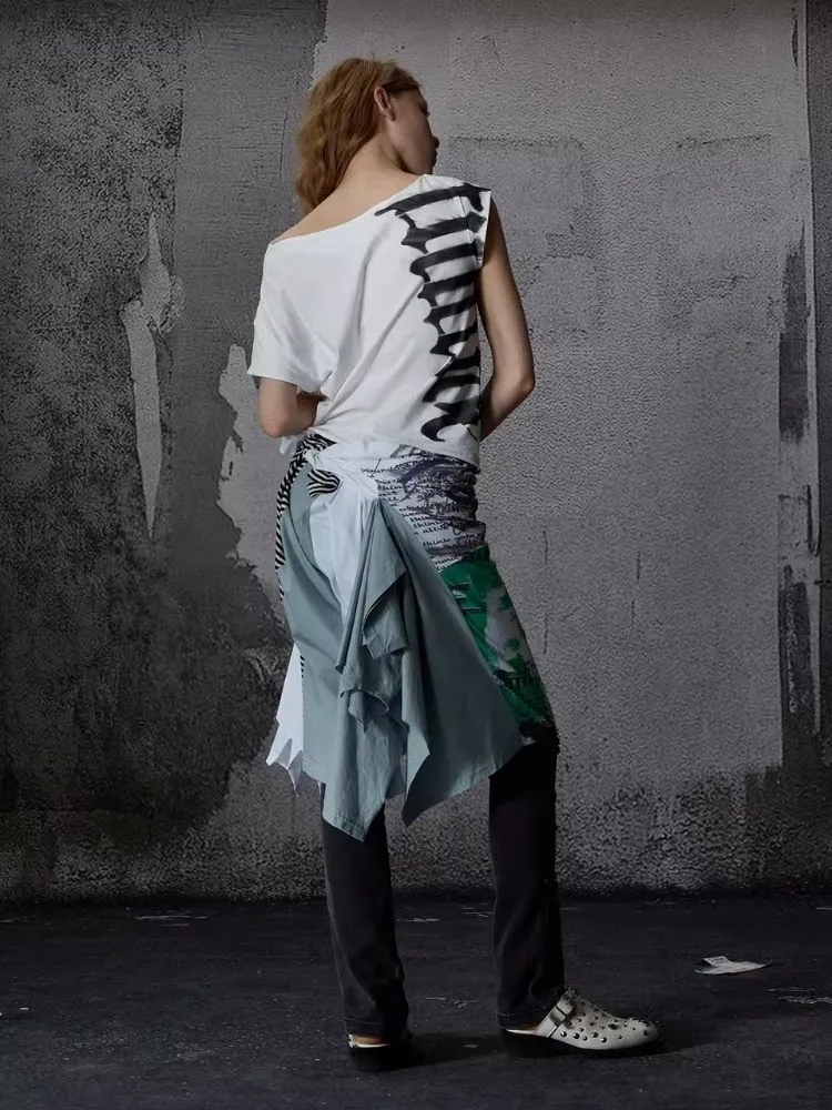 Asymmetric pleated strapless slash neck short sleeve T-shirt【s0000006684】