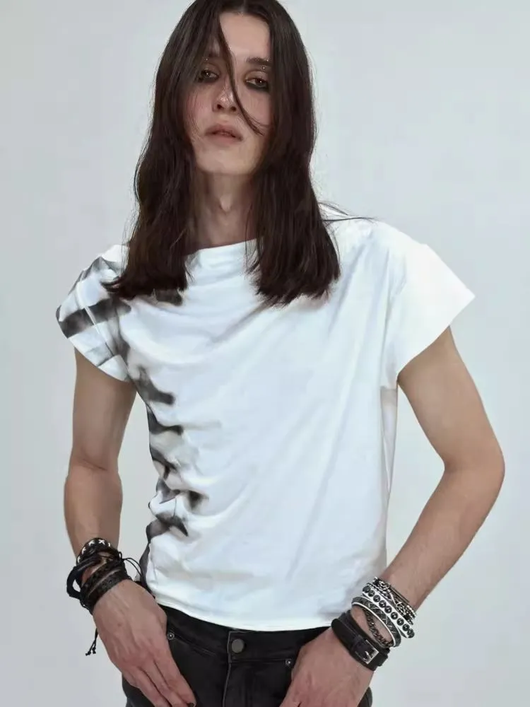 Asymmetric pleated strapless slash neck short sleeve T-shirt【s0000006684】