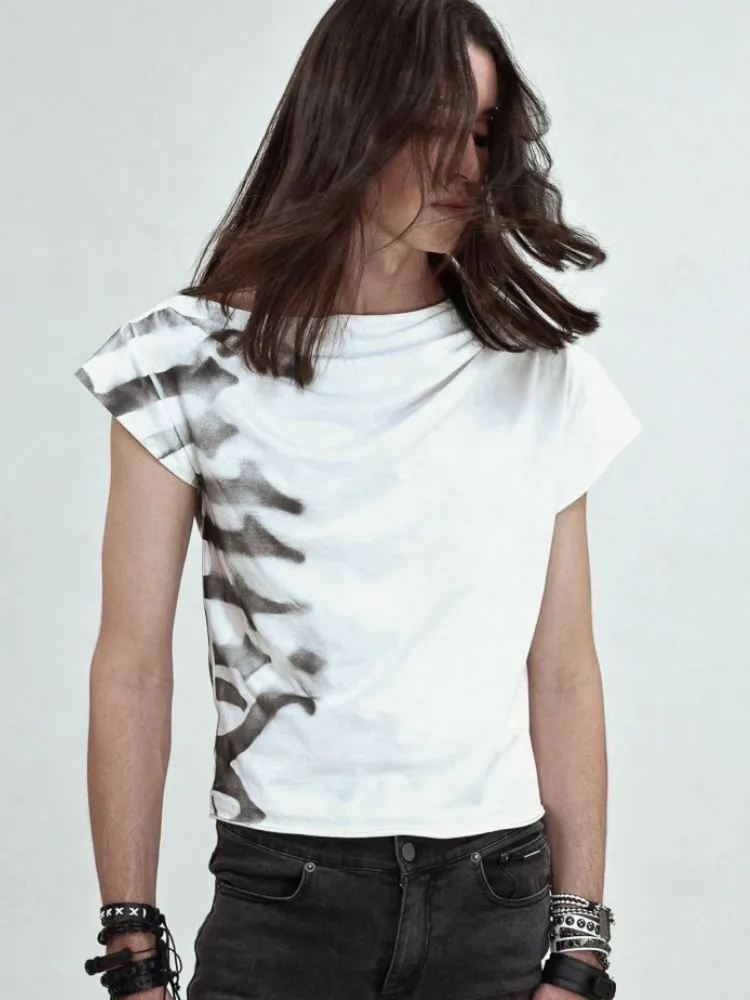 Asymmetric pleated strapless slash neck short sleeve T-shirt【s0000006684】