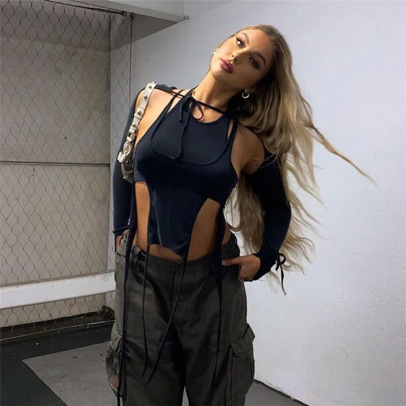 Autumn Trend Women Long Sleeve Hooded Personality Bandage Slim Fit cropped T shirt