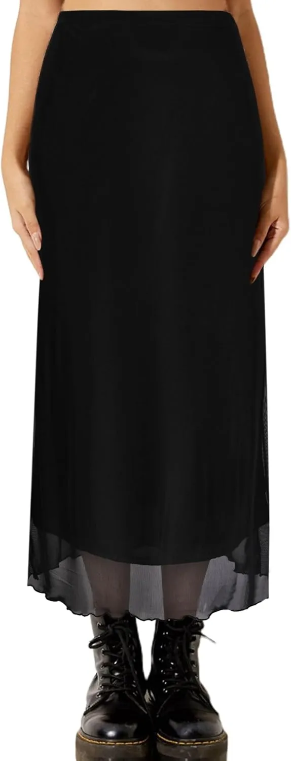 Avanova Women Mesh Floral Boho High Waist Midi Skirt Lettuce Trim Summer A Line Skirt