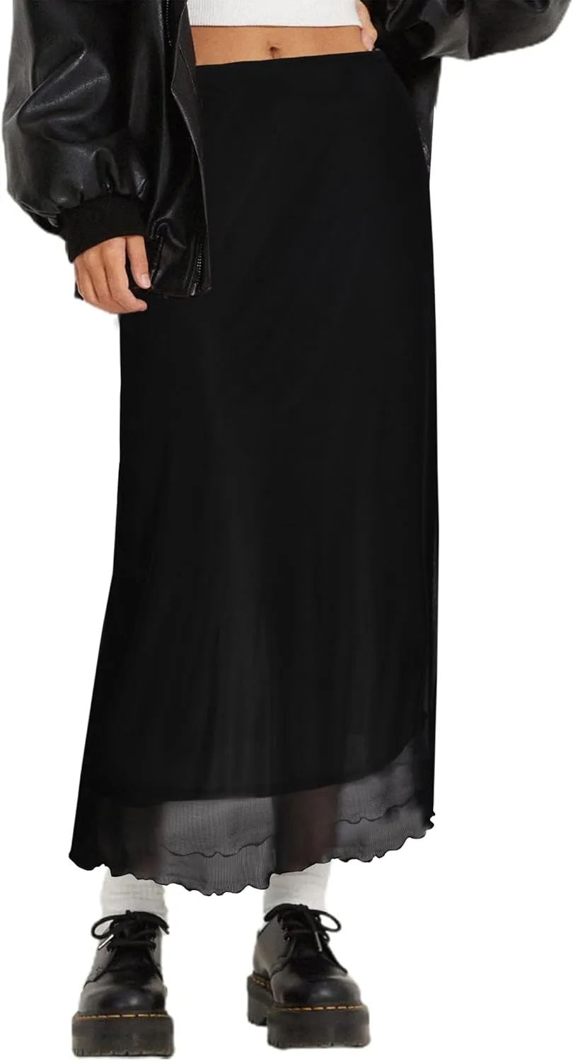 Avanova Women Mesh Floral Boho High Waist Midi Skirt Lettuce Trim Summer A Line Skirt