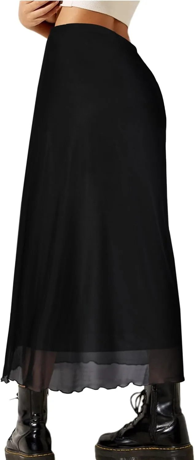 Avanova Women Mesh Floral Boho High Waist Midi Skirt Lettuce Trim Summer A Line Skirt