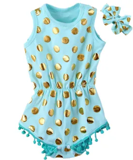 Baby Girl Mint and Gold Pom Pom Summer Romper With Headband