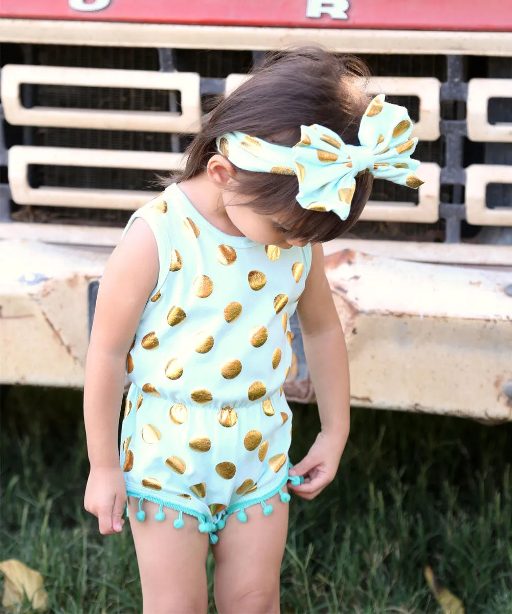 Baby Girl Mint and Gold Pom Pom Summer Romper With Headband