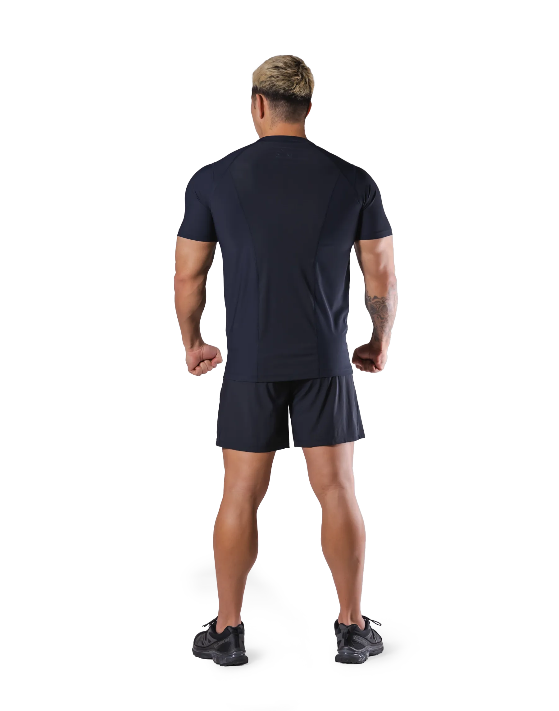 Back Mesh Stretch Slim T-Shirt - Navy