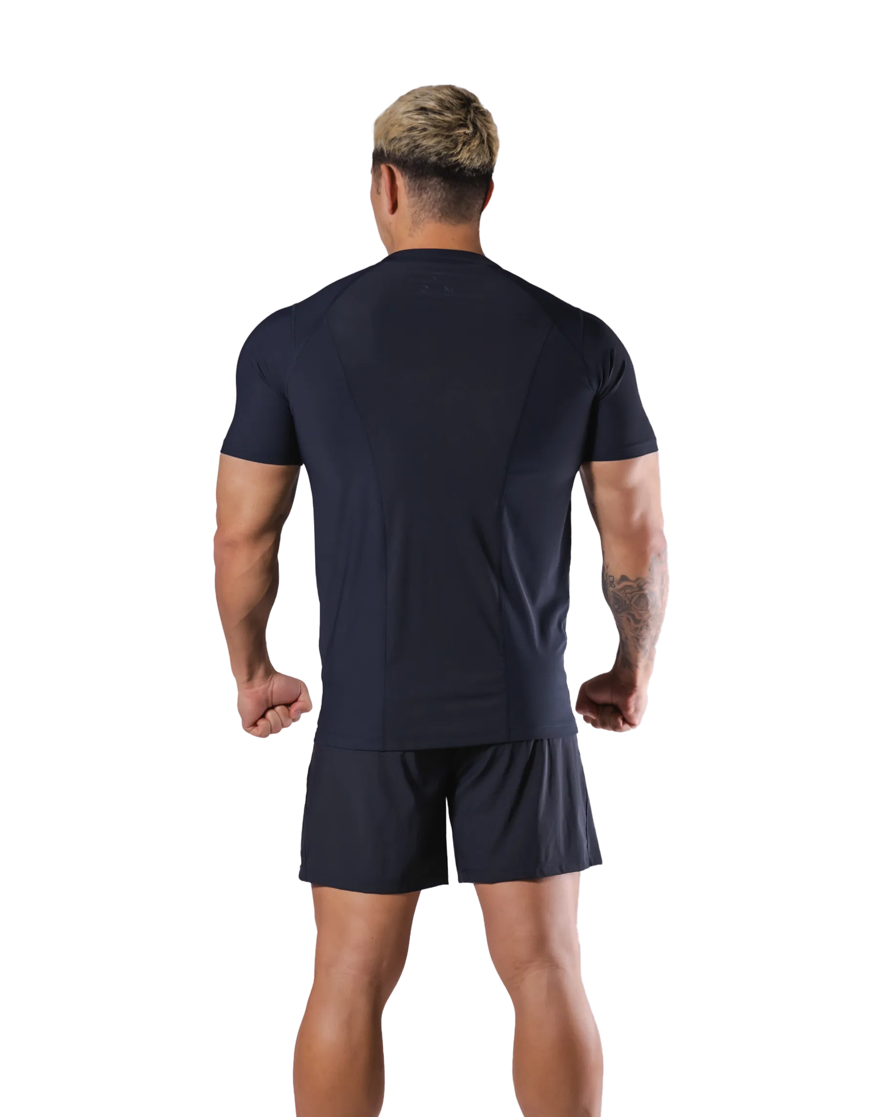 Back Mesh Stretch Slim T-Shirt - Navy